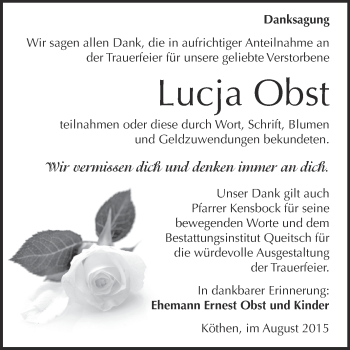 Traueranzeige von Lucja Obst von WVG - Wochenspiegel Dessau / Köthen