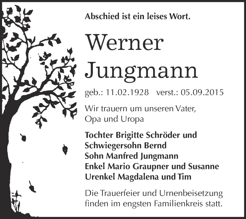  Traueranzeige für Werner Jungmann vom 12.09.2015 aus Super Sonntag Bernburg