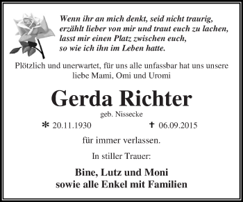 Traueranzeige von Gerda Richter von WVG - Wochenspiegel Dessau / Köthen