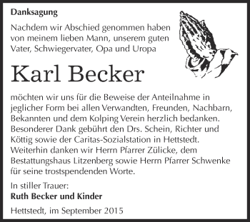 Traueranzeige von Karl Becker von Wochenspiegel Mansfelder Land