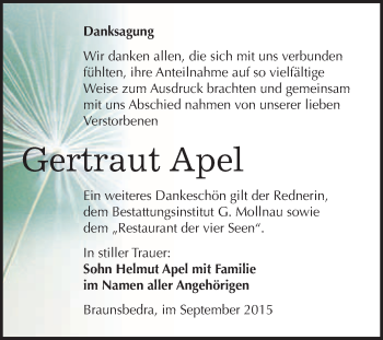 Traueranzeige von Gertraut Apel von WVG - Wochenspiegel Merseburg
