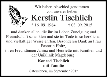 Traueranzeige von Kerstin Tischlich von WVG - Wochenspiegel Quedlinburg