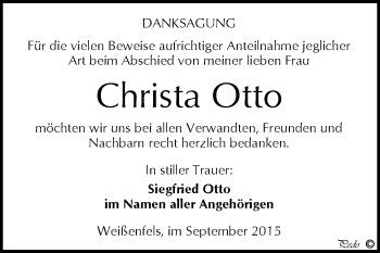 Traueranzeige von Christa Otto von WVG - Wochenspiegel NMB / WSF / ZTZ