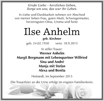 Traueranzeige von Ilse Anhelm von Mitteldeutsche Zeitung Mansfelder Land