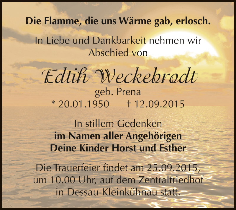  Traueranzeige für Edtih Weckebrodt vom 19.09.2015 aus WVG - Wochenspiegel Dessau / Köthen