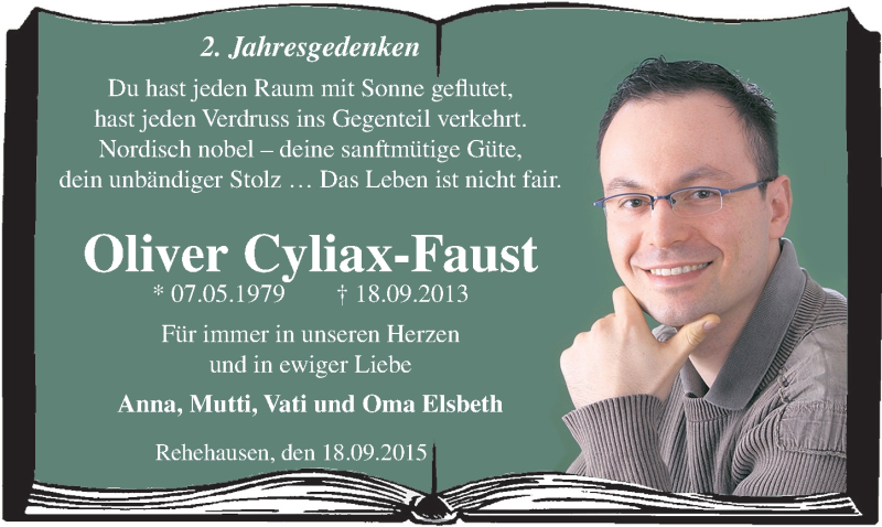  Traueranzeige für Oliver Cyliax-Faust vom 18.09.2015 aus Mitteldeutsche Zeitung Naumburg/Nebra