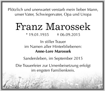 Traueranzeige von Franz Marossek von Mitteldeutsche Zeitung Mansfelder Land