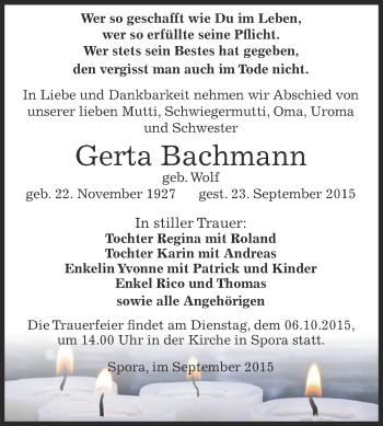 Traueranzeige von Gerta Bachmann von Super Sonntag Zeitz