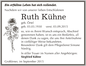 Traueranzeige von Ruth Kühne von Super Sonntag SGH Mansf. Land