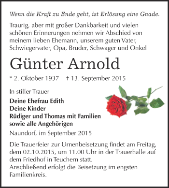Traueranzeige von Günter Arnold von WVG - Wochenspiegel NMB / WSF / ZTZ