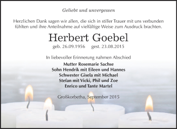 Traueranzeige von Herbert Goebel von WVG - Wochenspiegel NMB / WSF / ZTZ