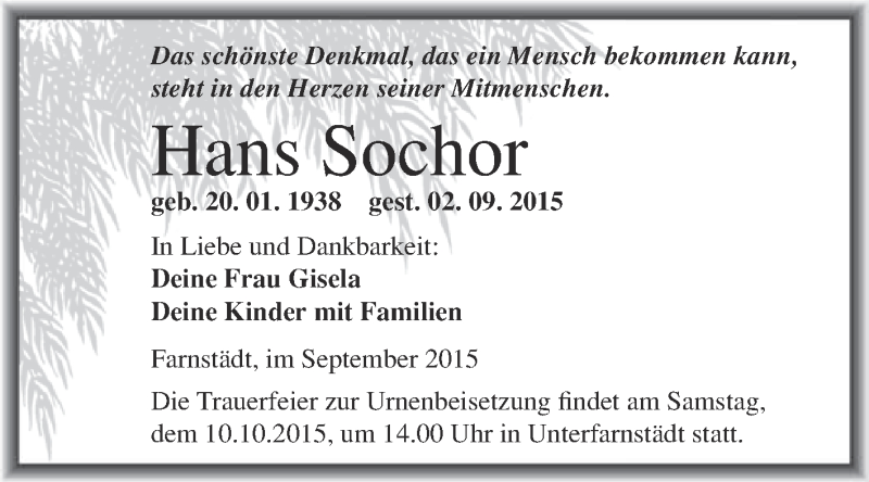  Traueranzeige für Hans Sochor vom 26.09.2015 aus WVG - Wochenspiegel Merseburg