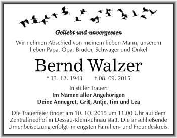 Traueranzeige von Bernd Walzer von WVG - Wochenspiegel Dessau / Köthen