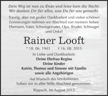Traueranzeige von Rainer Looft von WVG - Wochenspiegel Merseburg