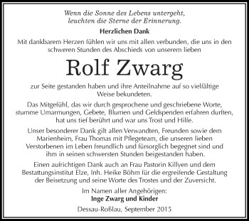 Traueranzeige von Rolf Zwarg von WVG - Wochenspiegel Dessau / Köthen