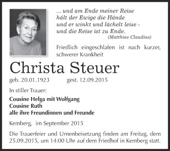 Traueranzeige von Christa Steuer von WVG - Wochenspiegel Wittenberg