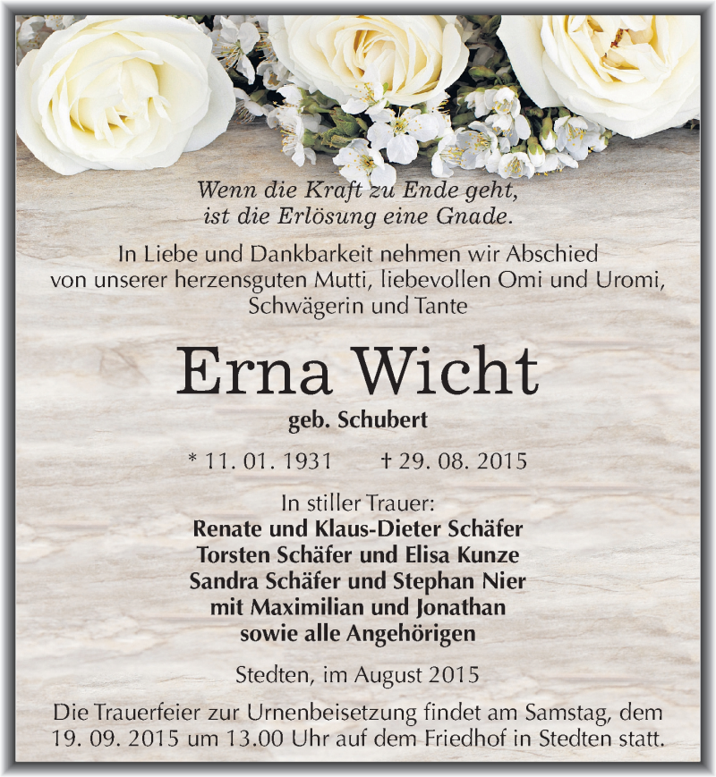  Traueranzeige für Erna Wicht vom 02.09.2015 aus Mitteldeutsche Zeitung Mansfelder Land