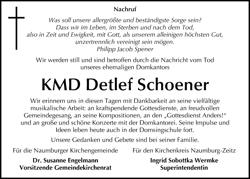  Traueranzeige für Detlef Schoener vom 14.09.2015 aus Mitteldeutsche Zeitung Naumburg/Nebra