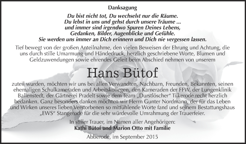  Traueranzeige für Hans Bütof vom 16.09.2015 aus Wochenspiegel Mansfelder Land