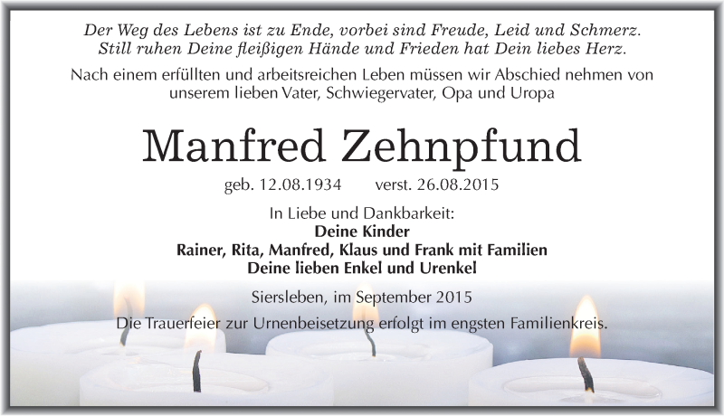  Traueranzeige für Manfred Zehnpfund vom 10.09.2015 aus Mitteldeutsche Zeitung Mansfelder Land