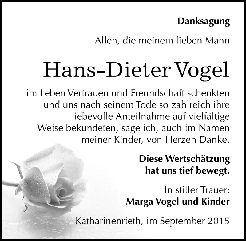  Traueranzeige für Hans-Dieter Vogel vom 15.09.2015 aus Mitteldeutsche Zeitung Sangerhausen