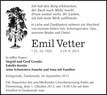 Traueranzeige von Emil Vetter von WVG - Wochenspiegel Quedlinburg