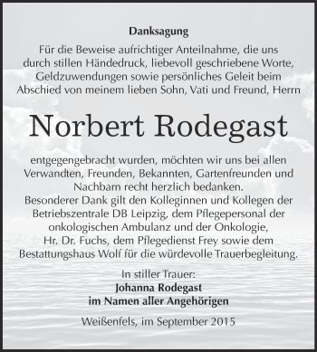 Traueranzeige von Norbert Rodegast von WVG - Wochenspiegel NMB / WSF / ZTZ