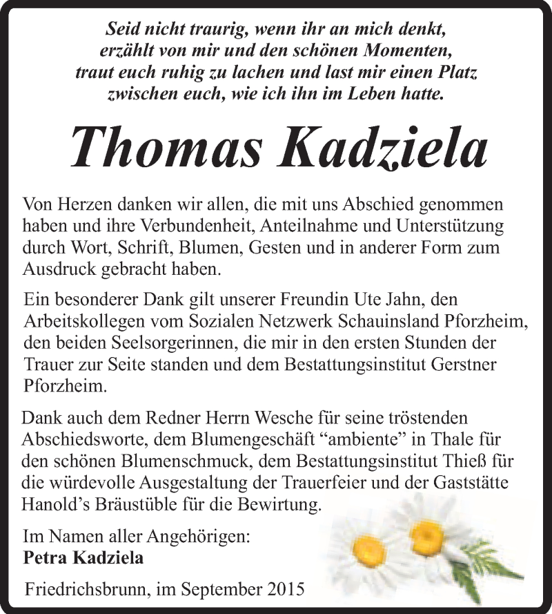  Traueranzeige für Thomas Kadziela vom 19.09.2015 aus Super Sonntag Quedlinburg