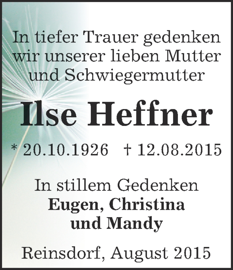 Traueranzeige für Ilse Heffner vom 12.09.2015 aus WVG - Wochenspiegel Merseburg