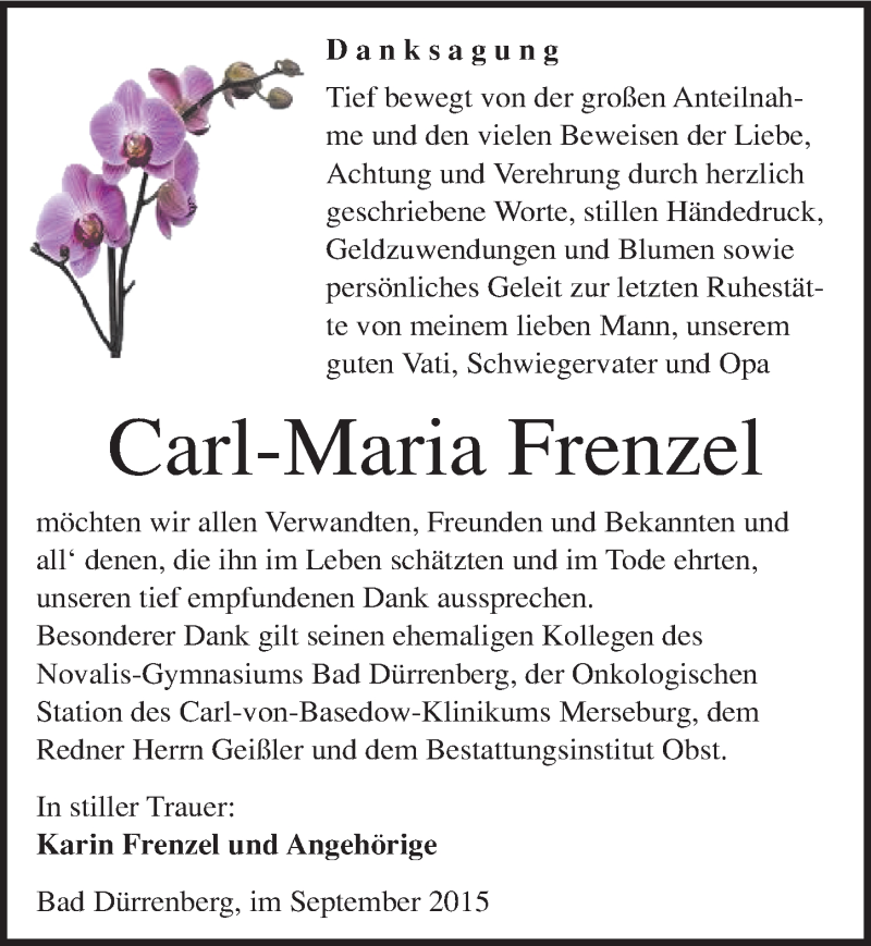  Traueranzeige für Carl-Maria Frenzel vom 19.09.2015 aus Mitteldeutsche Zeitung Merseburg/Querfurt