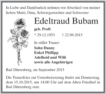 Traueranzeige von Edeltraud Bubam von Super Sonntag Merseburg