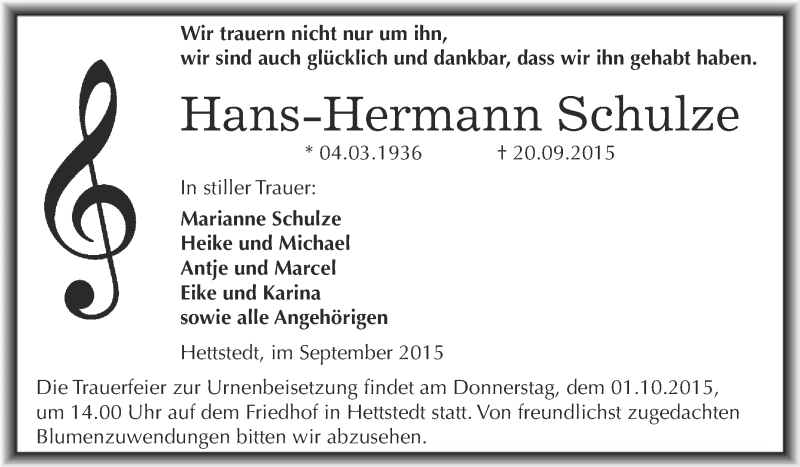  Traueranzeige für Hans Hermann Schulze vom 26.09.2015 aus Super Sonntag SGH Mansf. Land