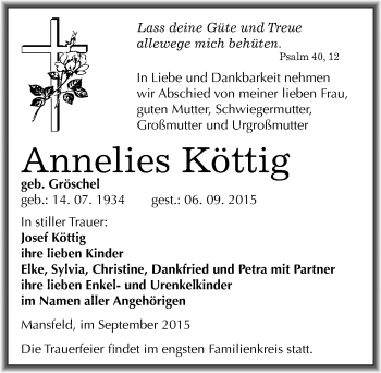 Traueranzeige von Annelies Köttig von Mitteldeutsche Zeitung Mansfelder Land