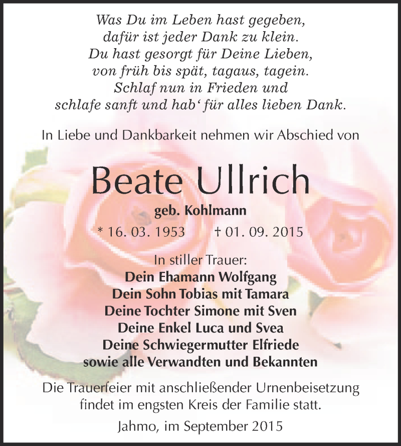  Traueranzeige für Beate Ullrich vom 19.09.2015 aus Super Sonntag Wittenberg