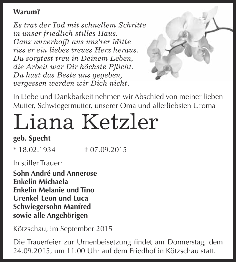  Traueranzeige für Liana Ketzler vom 12.09.2015 aus Super Sonntag Merseburg
