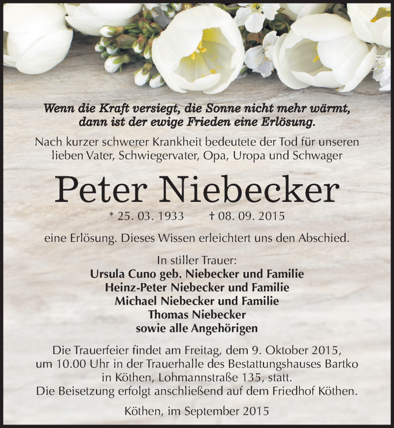  Traueranzeige für Peter Niebecker vom 19.09.2015 aus Mitteldeutsche Zeitung Köthen