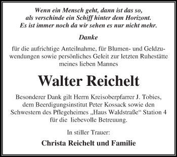 Traueranzeige von Walter Reichelt von WVG - Wochenspiegel Dessau / Köthen
