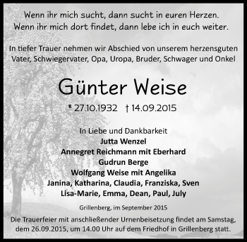 Traueranzeige von Günter Weise von Mitteldeutsche Zeitung Sangerhausen