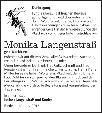 Traueranzeige von Monika Langenstraß von WVG - Wochenspiegel Quedlinburg