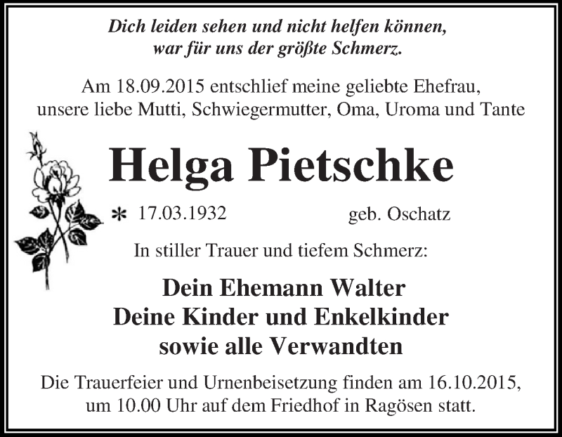  Traueranzeige für Helga Pietschke vom 26.09.2015 aus WVG - Wochenspiegel Dessau / Köthen