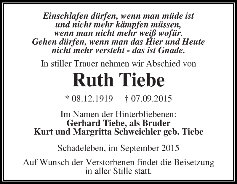  Traueranzeige für Ruth Tiebe vom 12.09.2015 aus Super Sonntag Aschersleben