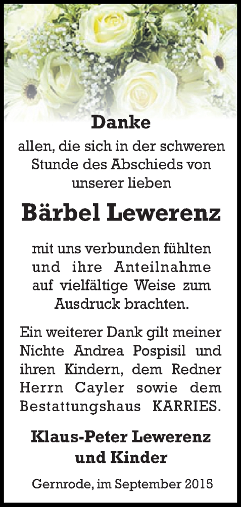  Traueranzeige für Bärbel Lewerenz vom 12.09.2015 aus WVG - Wochenspiegel Quedlinburg