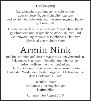 Traueranzeige von Armin Nink von WVG - Wochenspiegel Wittenberg