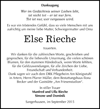 Traueranzeige von Else Rieche von Mitteldeutsche Zeitung Sangerhausen