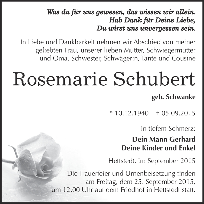  Traueranzeige für Rosemarie Schubert vom 16.09.2015 aus Wochenspiegel Mansfelder Land