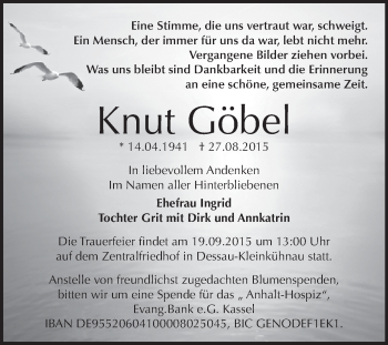 Traueranzeige von Knut Göbel von WVG - Wochenspiegel Dessau / Köthen