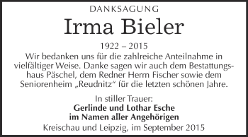 Traueranzeige von Irma Bieler von WVG - Wochenspiegel NMB / WSF / ZTZ