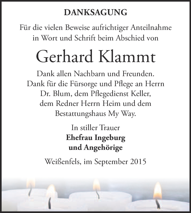  Traueranzeige für Gerhard Klammt vom 30.09.2015 aus Super Sonntag Merseburg