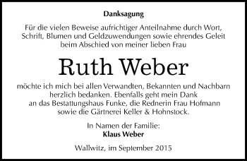 Traueranzeige von Ruth Weber von Mitteldeutsche Zeitung Halle/Saalkreis