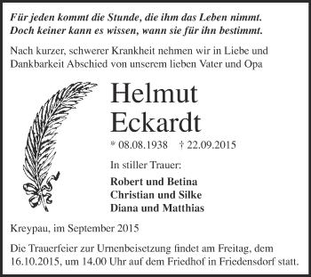 Traueranzeige von Helmut Eckardt von Super Sonntag Merseburg